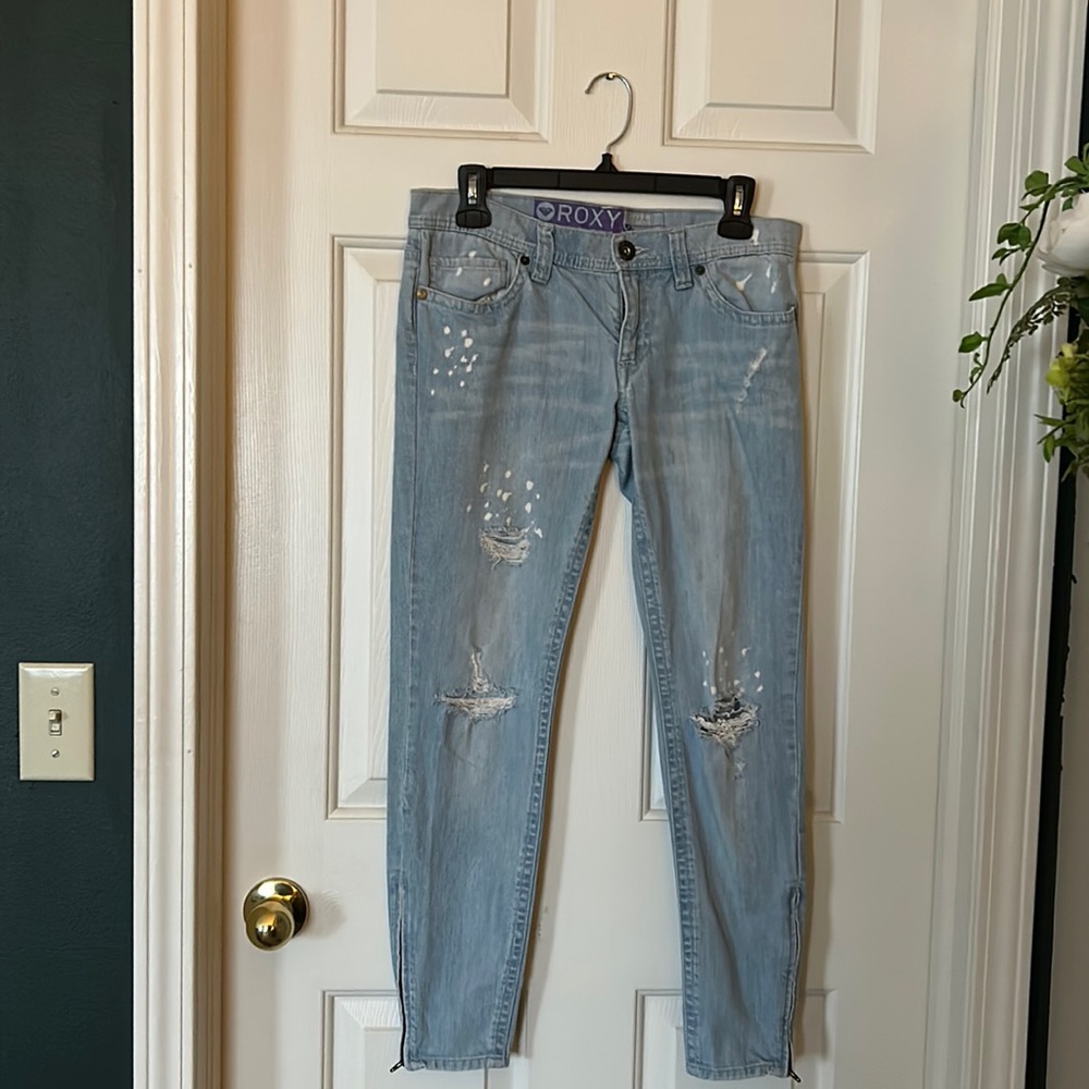 Roxy Super Skinny Distressed Acid Wash Zipper Cuff Jeans, Size 3